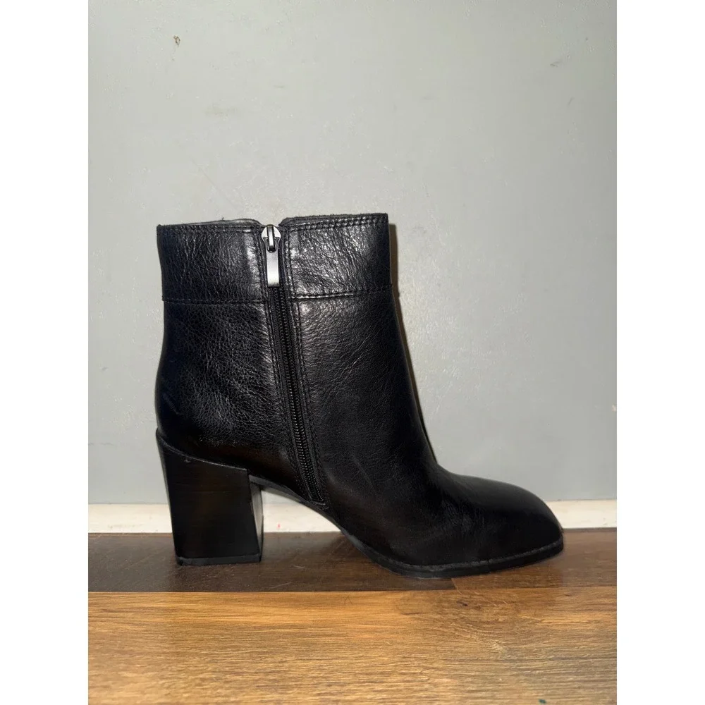 Franco Sarto Generous Black Leather Square Toe Block Heel Ankle Boots Womens 9M